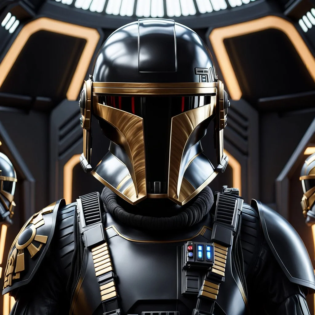 star wars bald male corellian pilot wearing dark gunmetal grey and black First Order special forces TIE pilot armored flightsuit and helmet with gold trim inside the jedi temple, centered head and shoulders portrait, hyperdetailed, dynamic lighting, hyperdetailed background, 8k resolution, volumetric lighting, light skin, fully symmetric details