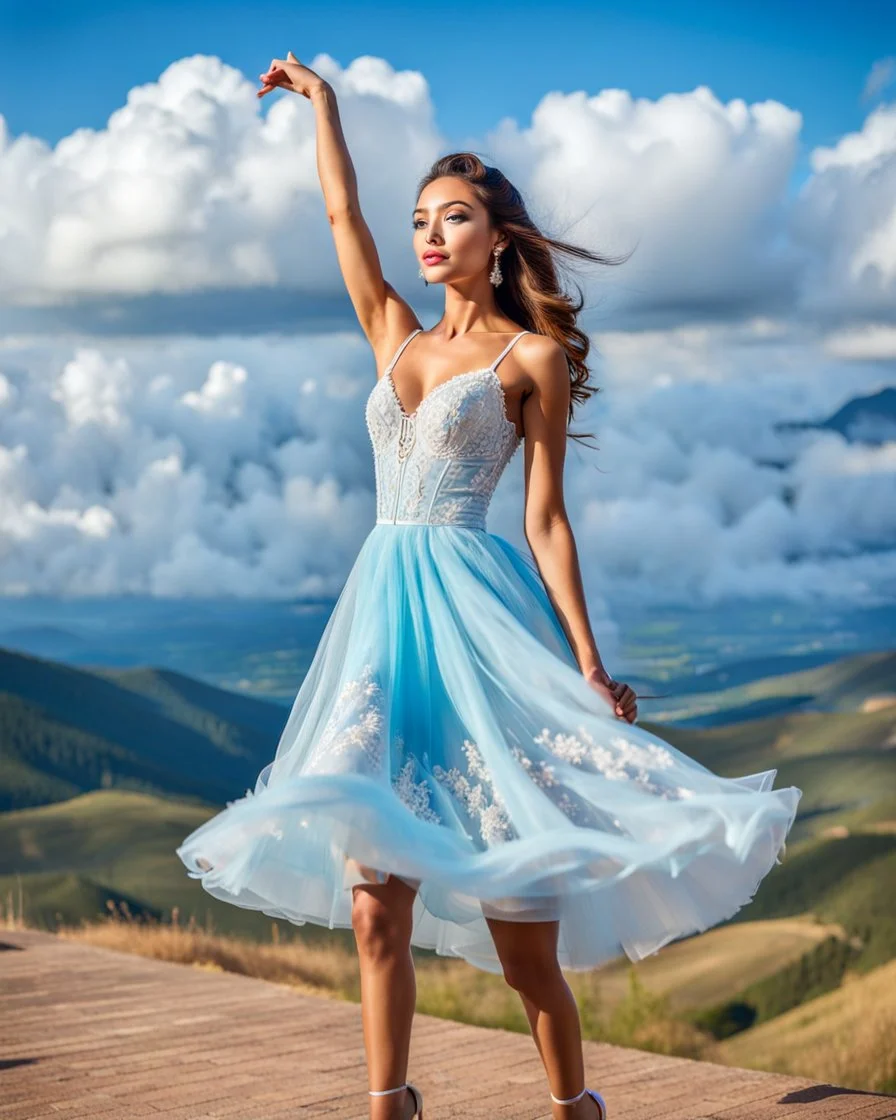 full-body closeup shot of a young, beautiful girl with a perfect face and makeup,wearing pretty dance dress standing in a stage in open air nice hills , blue sky ,pretty clouds at distant