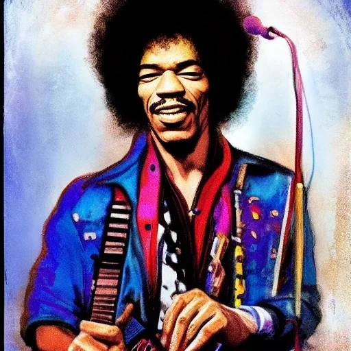 a realistic portrait of Jimi Hendrix at a turntable with headphones on being a DJ, vivid color