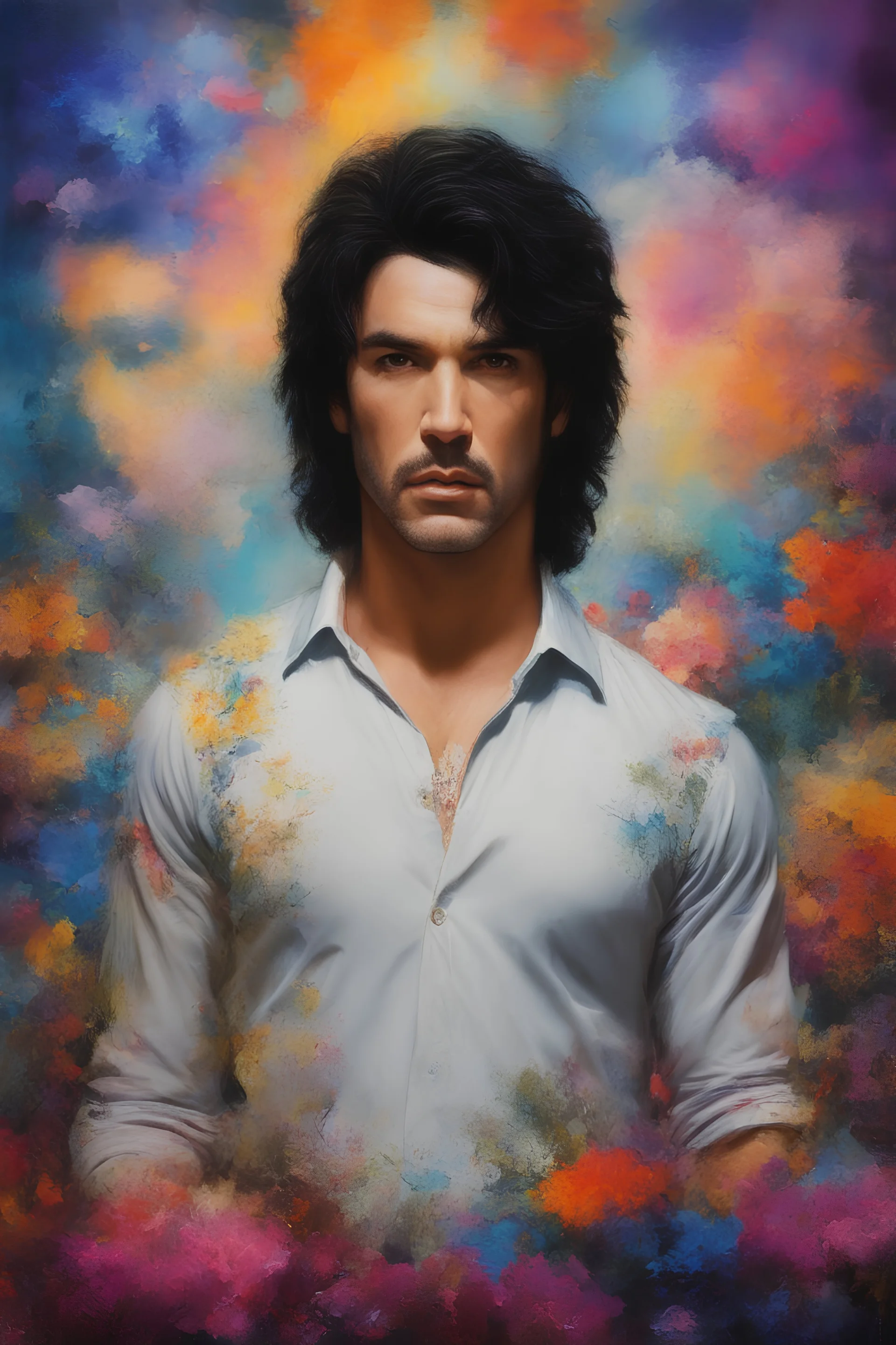 Paul Stanley/Elvis Presley/Keanu Reeves/Jon Bernthal mugshot, Planet of the Vulcans, multicolored, large, floral designs, atmospheric, beautiful, oil painting by Frank Frazetta, 4k UHD, Photorealistic, professional quality