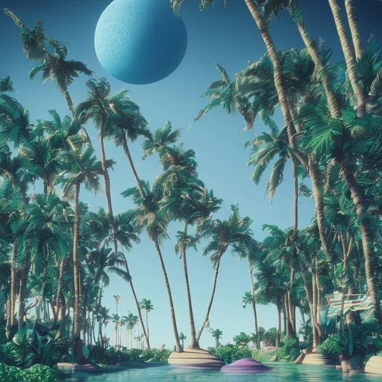 1980's aesthetic vaporwave palm trees with spheres and airplane