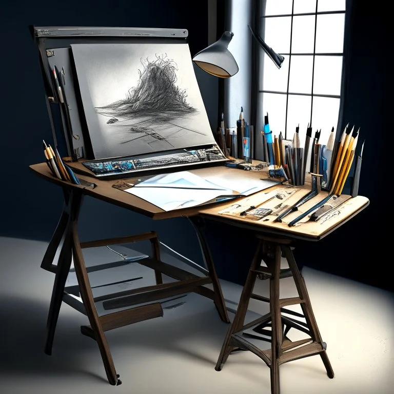 Drawing desk in a realistic art studio. Photo realistic