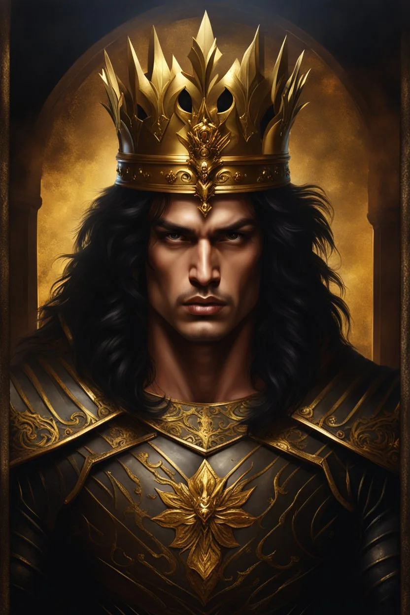 Gothic Gold framed painted portrait of a very handsome and muscular warrior King wearing a small gold crown. His hair is long and dark and he has dark eyes, dak fantasy