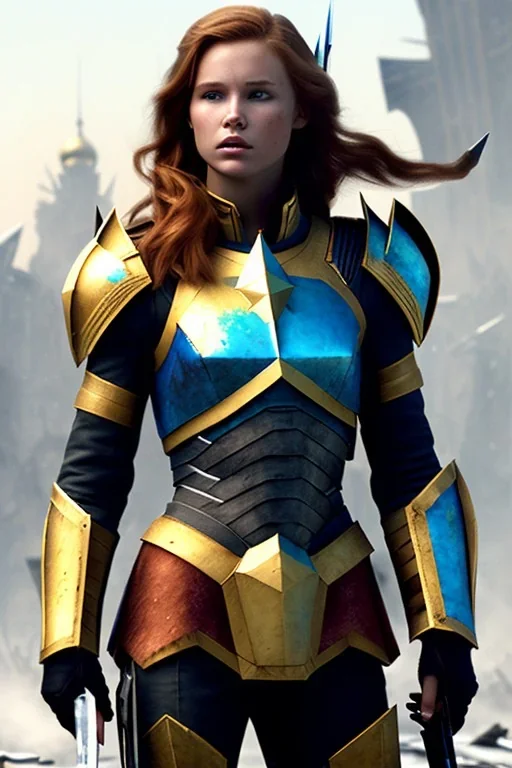 ultrarealistic, ruined city,__skimpy fantasy armor__, no star, __angles__, 18 year old woman, strikingly beautiful,ginger hair, _colour_, [__starlets__|__starlets__], (pale __skincolor__ skin:1.2), __camera__, _hair_, detailed face and eyes, medium breasts, sci-fi theme, freckles, dynamic pose, resolved expression, __accessory__, strappy outfit, (straps:1.1), sword in scabbard on left hip, (buckles, buttons, snaps, rings:1.0), haltertop style breastplate, detailed eyes, plump lips