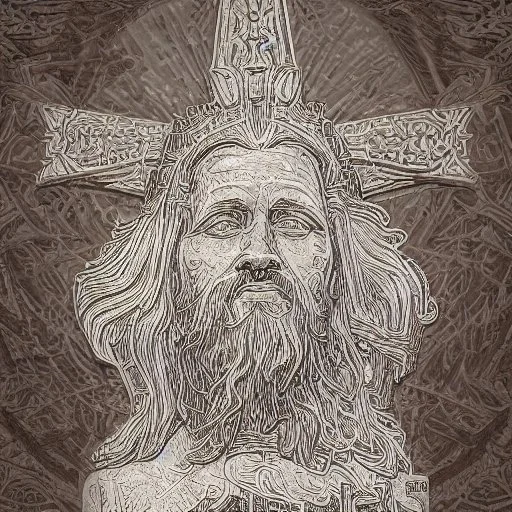 line toned, hedcut, wsj style, statue of cruicified Jesus of Liberty with a beard and wearing a cross and hanging from a cross, The statue male, hyperdetailed intricately detailed photoillustration ink drawing dystopian 8k resolution entire body of the statue is in the picture. digital illustration telephoto lens photography , same colors as the us treasury's one dollar bill, crucified"