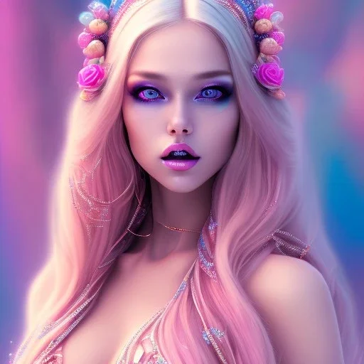 beautiful, soft, smiling face, whole head, long straight blonde hair blues eyes, crown on the head, clothing in transparent bluish and pink veil, background brillante bluish and pink, hight definition, 8K