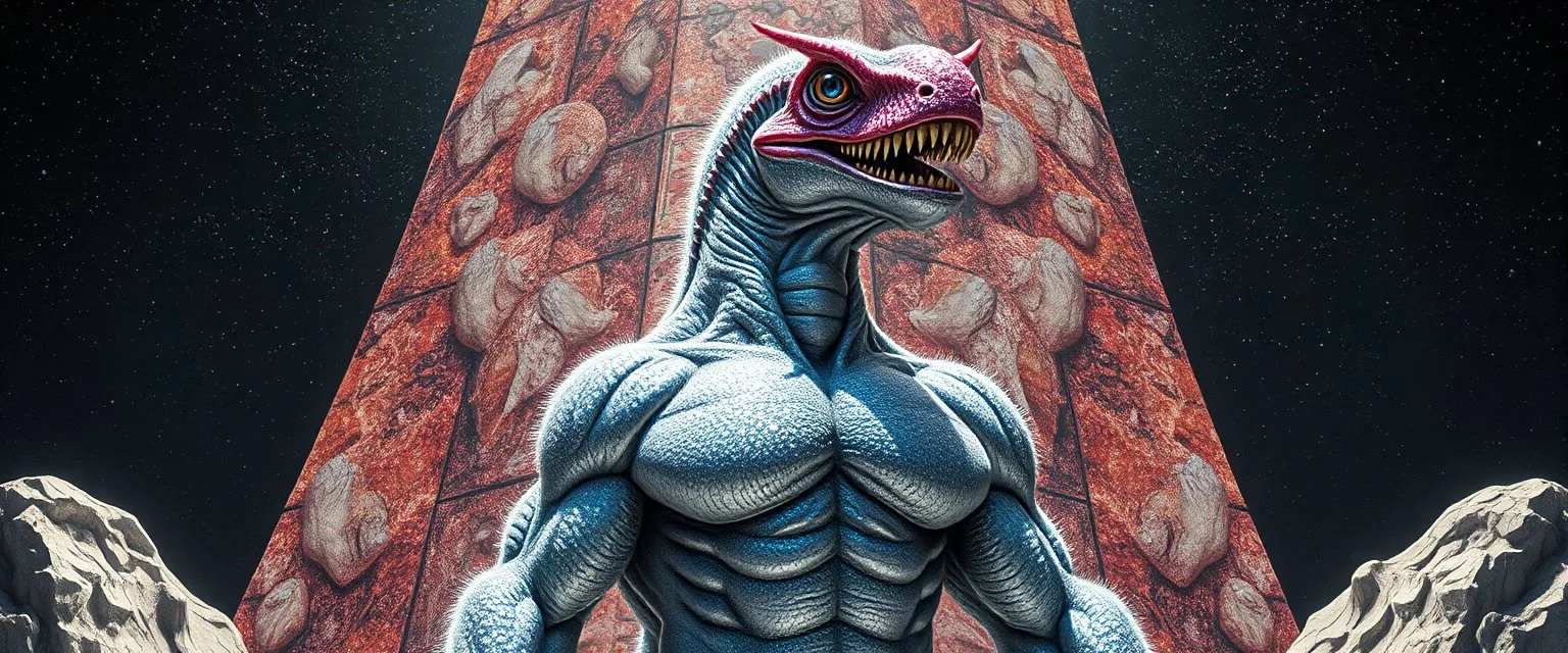 brilliant detailed full figure portrait disco glittery slug alien fluffy muscle man dino anime in the style of Escher and Giger in front of dented marble tower of glitter