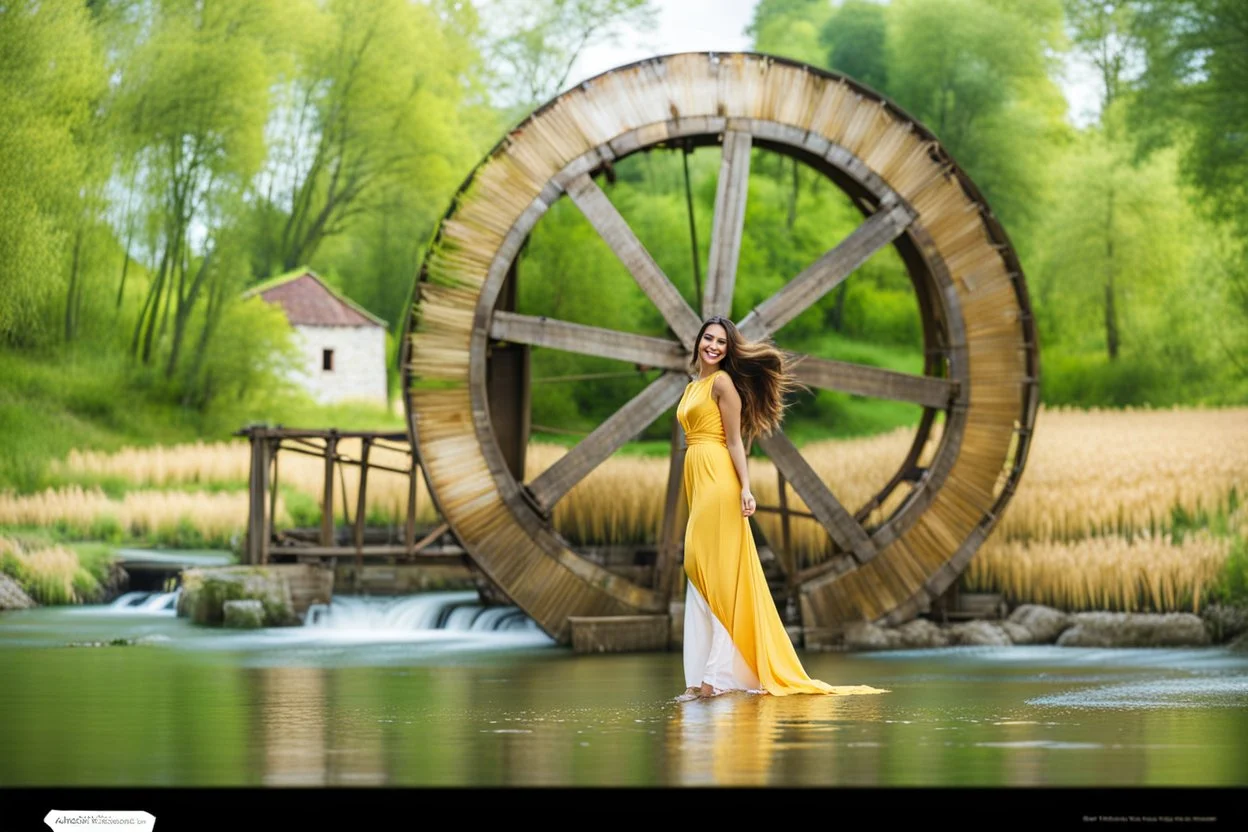 wide angle shot of golden wheat field next to river ,a watermill on river, a beautiful girl in pretty long dress walking in