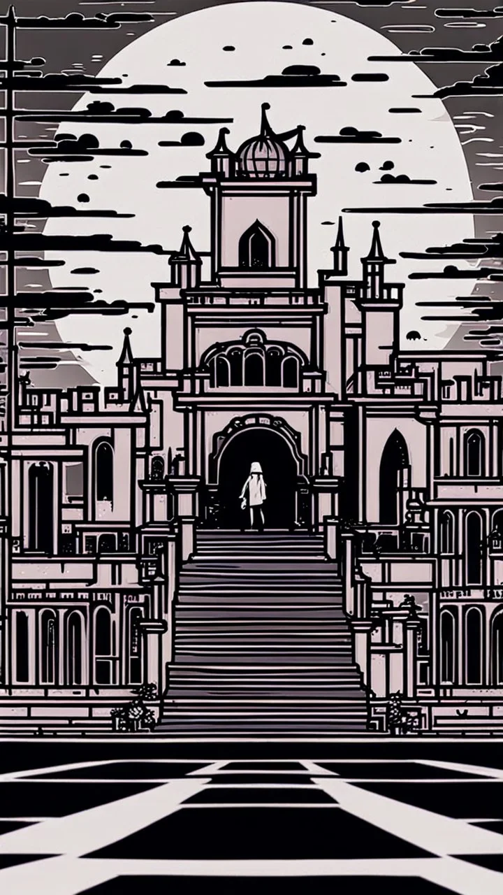 One day in front of a terrifying night palace, 2D, simple