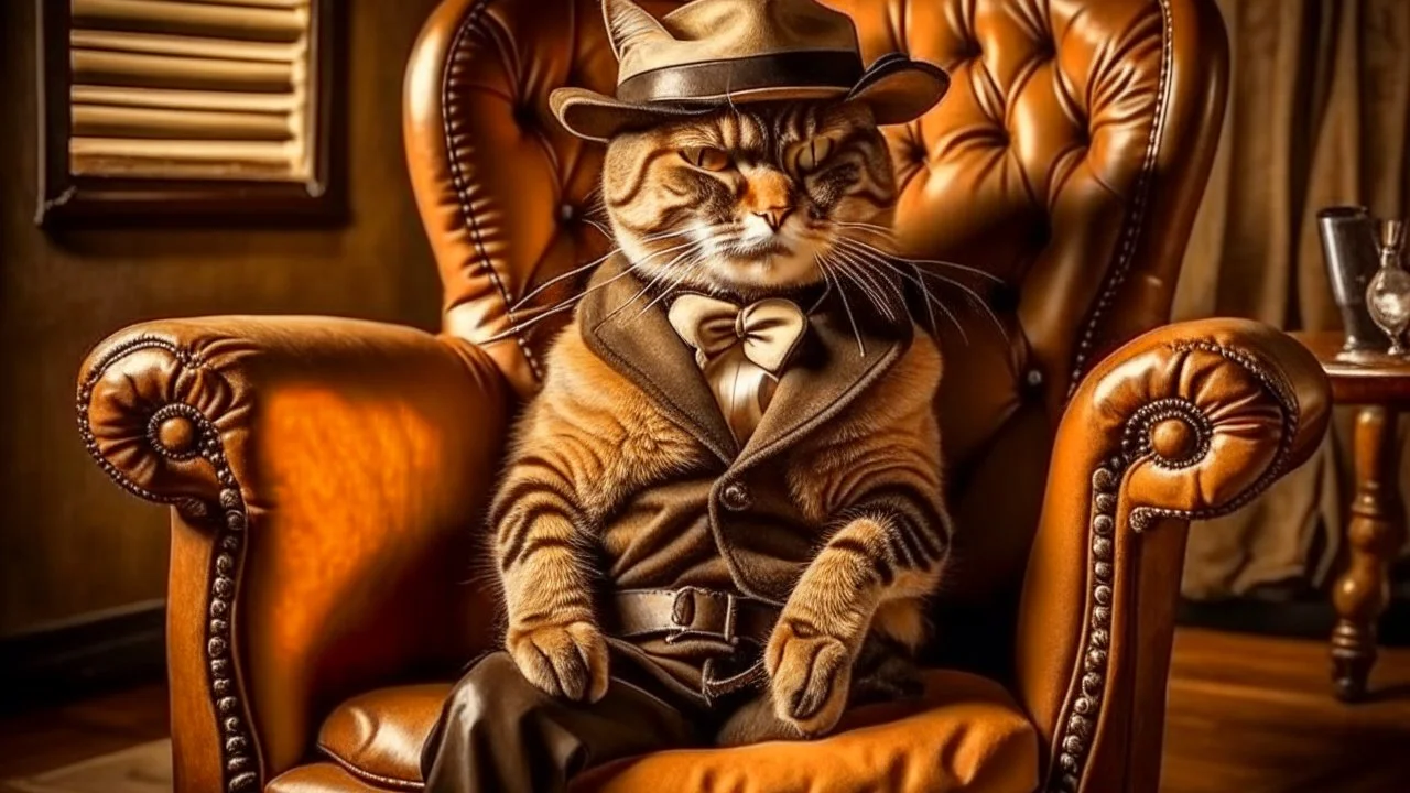 very clever cat with glasses and panama hat and gun in chair. Make the picture lighter