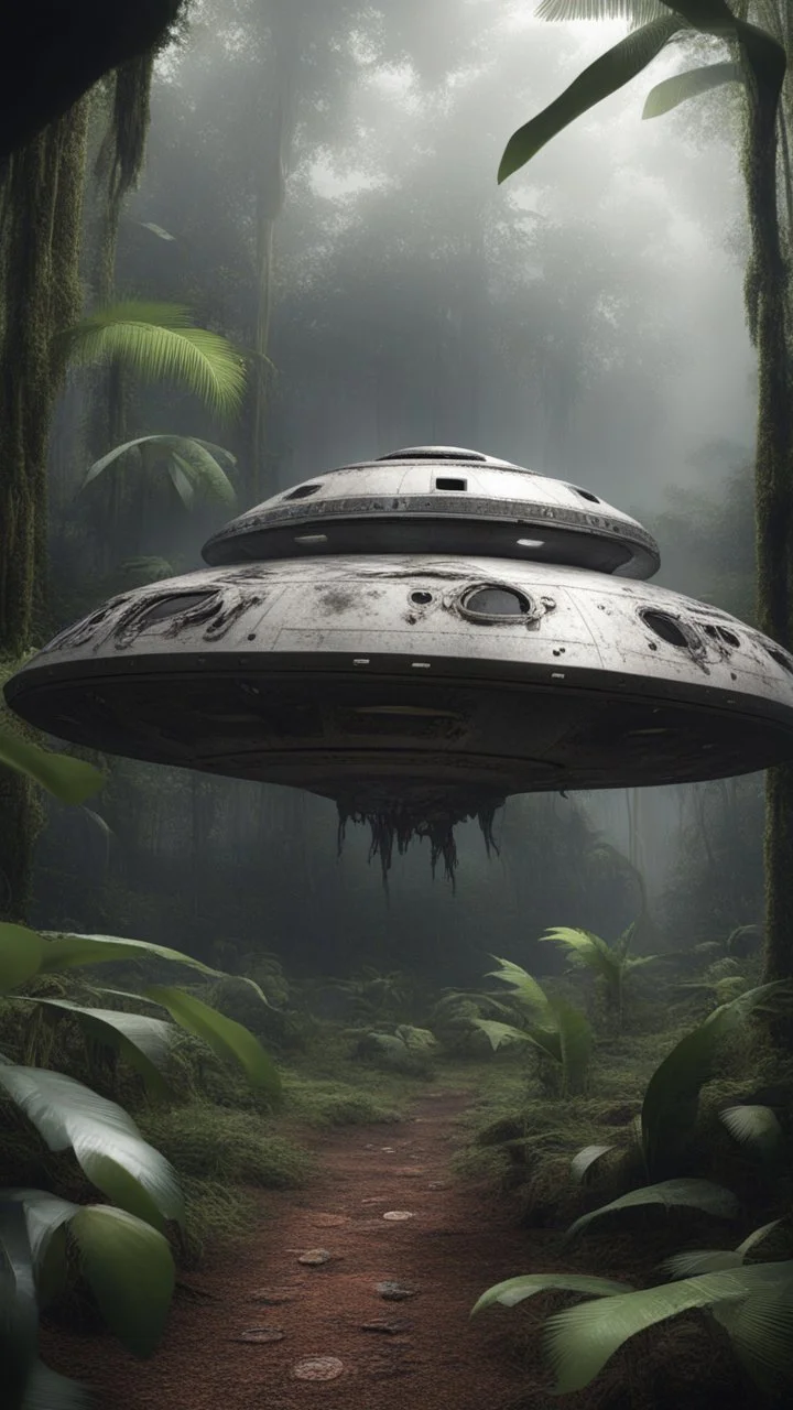 An abandoned damaged UFO spacecraft crashed in the Amazon rainforest , surrounded by monkeys ,
