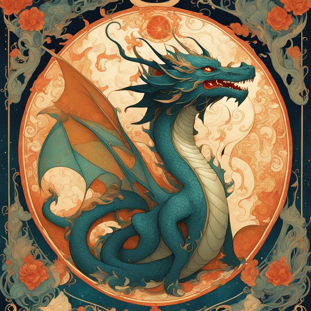 Bordered digital illustration of a Dragon Emperor by Victo Ngai. Art nouveau, Tarot card, Hanafuda.behance contest winner. High quality, masterpiece.