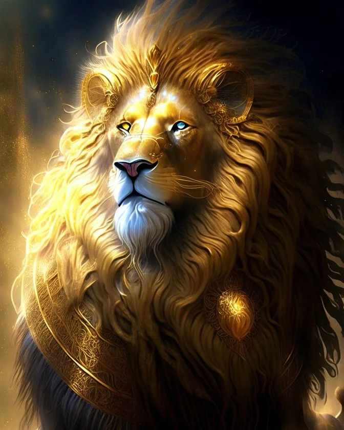 A mystical nemean lion with impenetrable golden fur and an enchanting aura, known for its legendary strength and wisdom.