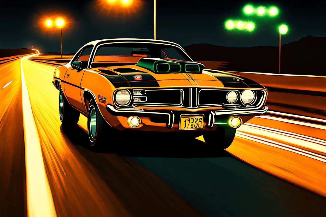 Fotorealistisch Frontalperspektive nah von limettengrünem 1973er Plymouth AAR Barracuda und orangem 1980er Chevrolet Camaro Z28 auf nächtlicher Autobahn beim überholen