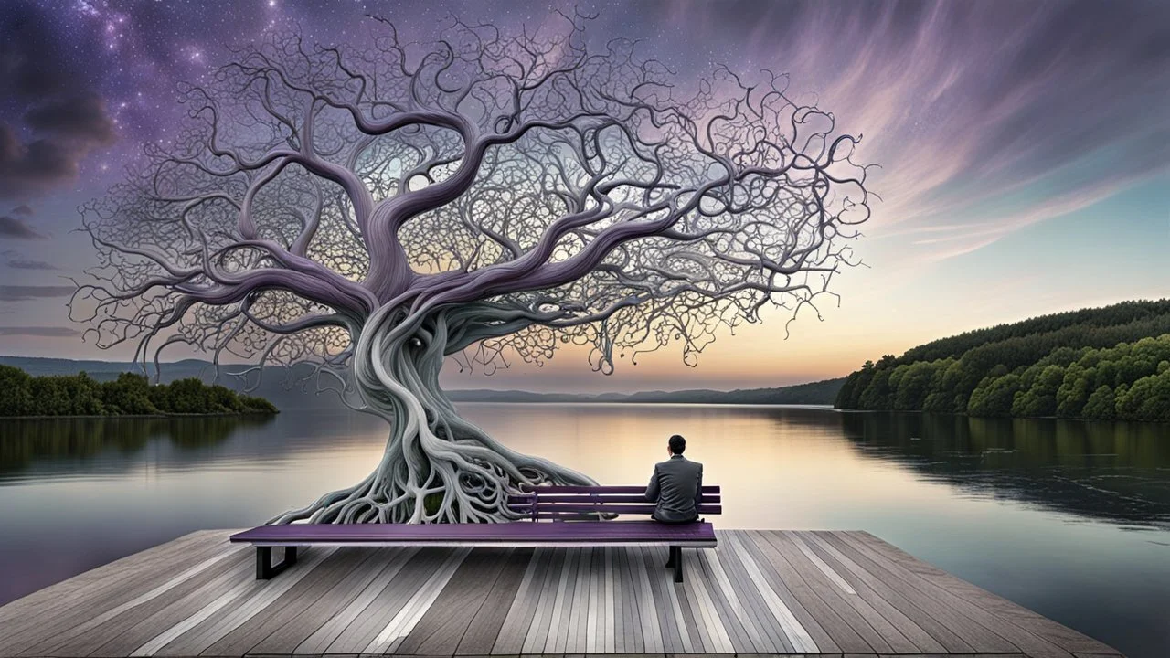 back to the camera on a beautiful amorph bench a figure sittings in a beautiful landscape and overlooking the water of the nearby lake, calm, harmonious atmosphere, muted dark colors, purple, white, gray, green, blue, brown, silver, and pale colors, ,not too colorful colors, Whimsical style and giant stunning neuron network all over the sky, half shadow and half light picture, surreal stunning vibe