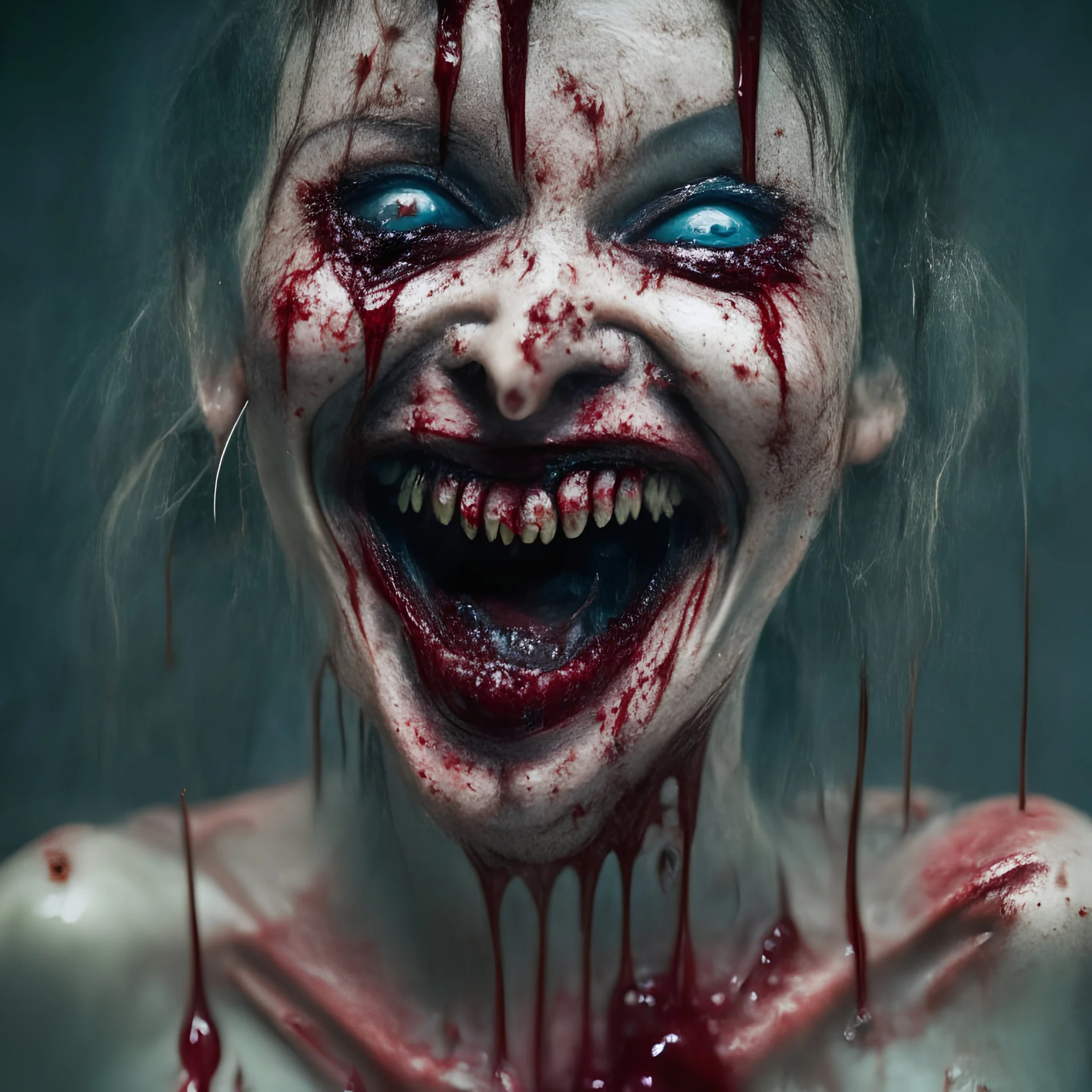 ugly woman, anormal limbs, smiling, creepy, dripping blood, 8k, macro photography