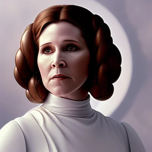 extremely detailed 8k hyperspace wallpaper,complete and photo realistic detailed head to waist stunning photo realistic portrait of carrie fisher as Princess Leia in star wars with photo realistic luxurious but fine hair, brown eyes, professional majestic photo realistic painting by Ed Blinkey, Atey Ghailan, by Jeremy Mann, Greg Manchess, Antonio Moro, trending on ArtStation, Intricate, High Detail, Sharp focus, dramatic, by greg rutkowski, realism, beautiful and detailed lighting,