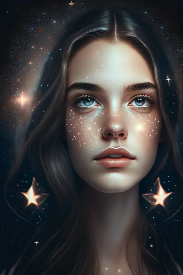 A very beautiful and attractive girl with a symmetrical face, with stars behind her