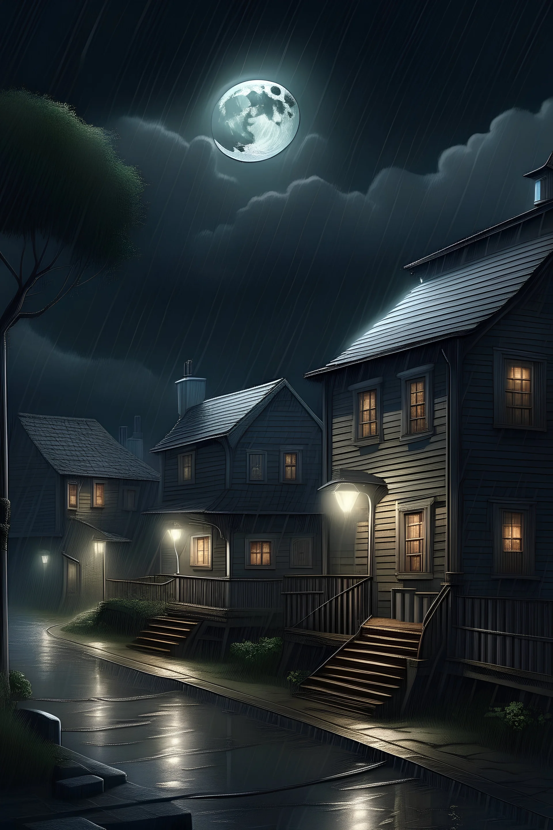 A residential town in which a number of houses are almost deserted. Rain falls in the moonlight