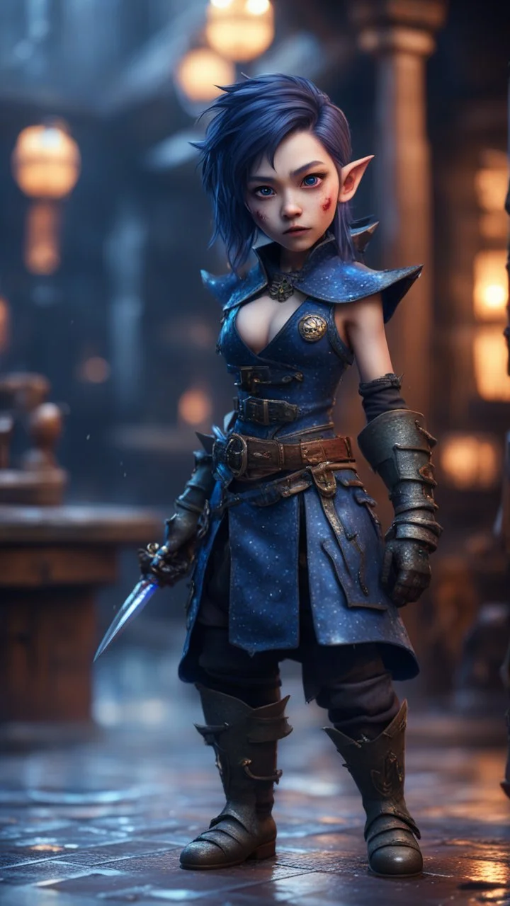 full figure with metallic stone gauntlets holding dark blue jagged dagger, standing on wet tiled floor outside fantasy tavern, focused female asian vampire gnome from worms armageddon wearing makeup, bokeh like f/0.8, tilt-shift lens 8k, high detail, smooth render, down-light, unreal engine, prize winning