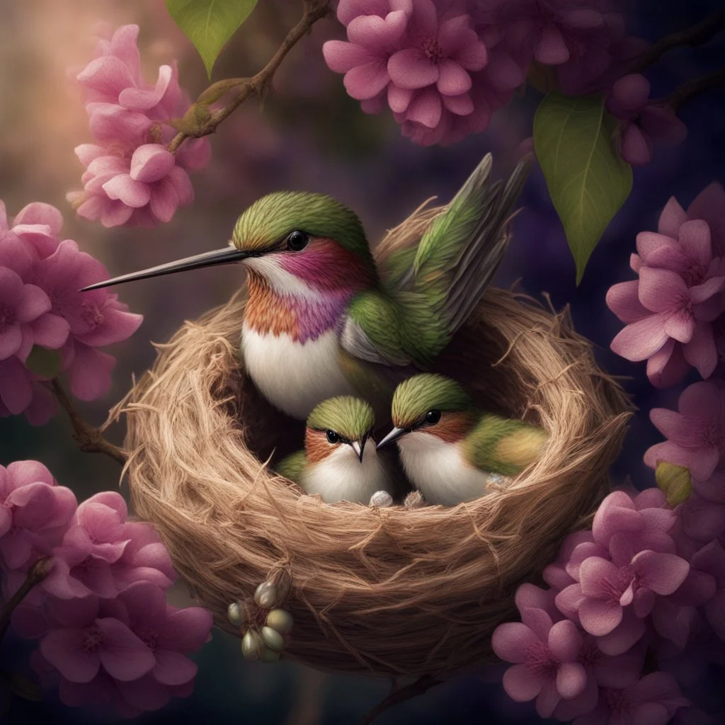 Create an incredible image in the Anne Geddes art style with 2 cute baby ruby throated hummingbirds sitting on the nest in a lilac bush branch, next to the baby hummingbirds is a broken shell of one egg, as if it had just hatched from the egg. Mother hummingbird in the nest looking calm at the 2 baby hummingbirds. the nest is inside a beautiful flowering lilac branch. A masterpiece, a high-quality photo taken at exactly the right moment for an award-winning photo. bokeh Nikon D850 hig