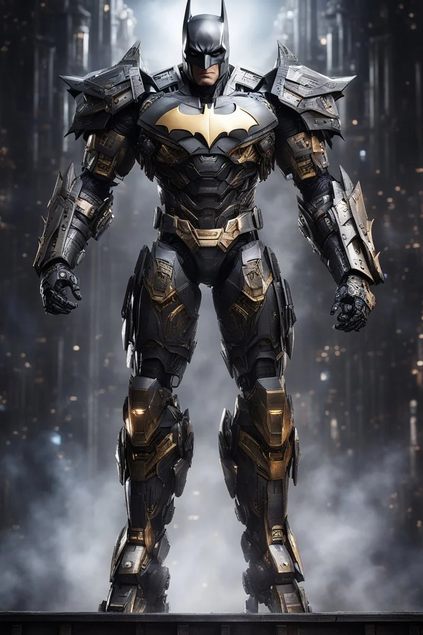 Fullbody photography front view of a Batman mech in transformative style, his metallic skin gleaming with intricate textures and intricate details, captured in an ultra-realistic style that blurs the lines between reality and imagination, cosmic background