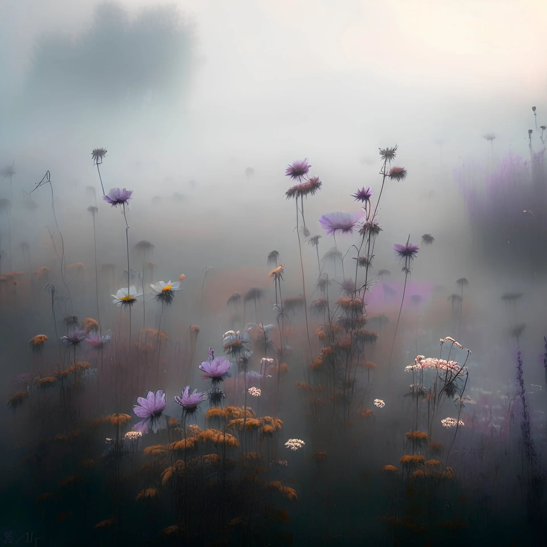 Pastel gothic field of flowers on a Misty autumn morning