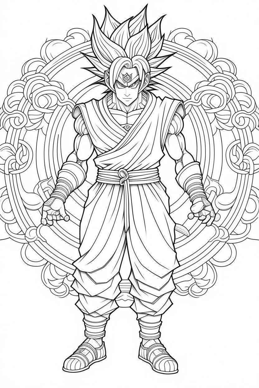 outline art An evolved Goku.Naruto.cinematic lighting, high resolution 3D render art coloring pages with witch, white background, Sketch style, full body, use outline, Mandala style, clean line art, white background, no shadows and clear and well