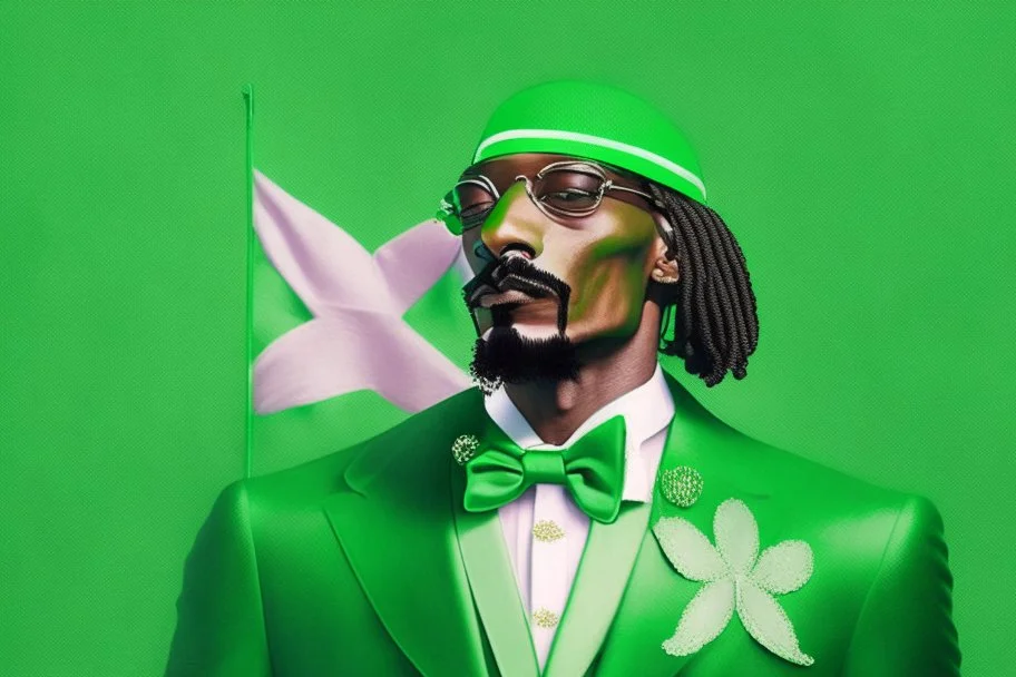 Snoop Dogg in a green tux, green flag with white star