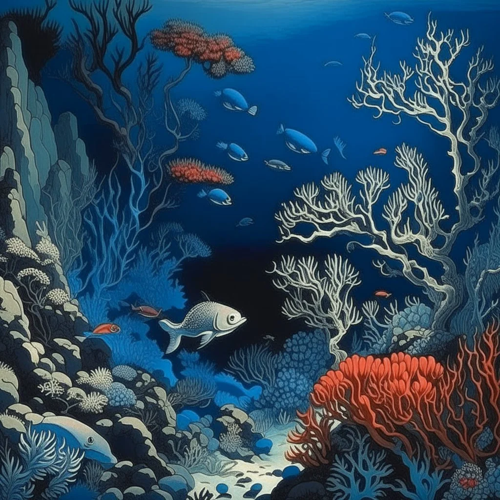 A dark blue coral reef with marine animals painted by Utagawa Hiroshige