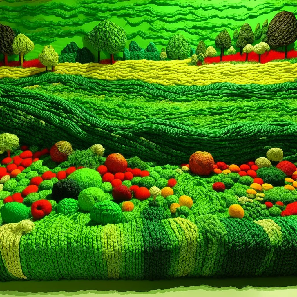 A green land made out of yarn with fruit painted by Frank Wilson