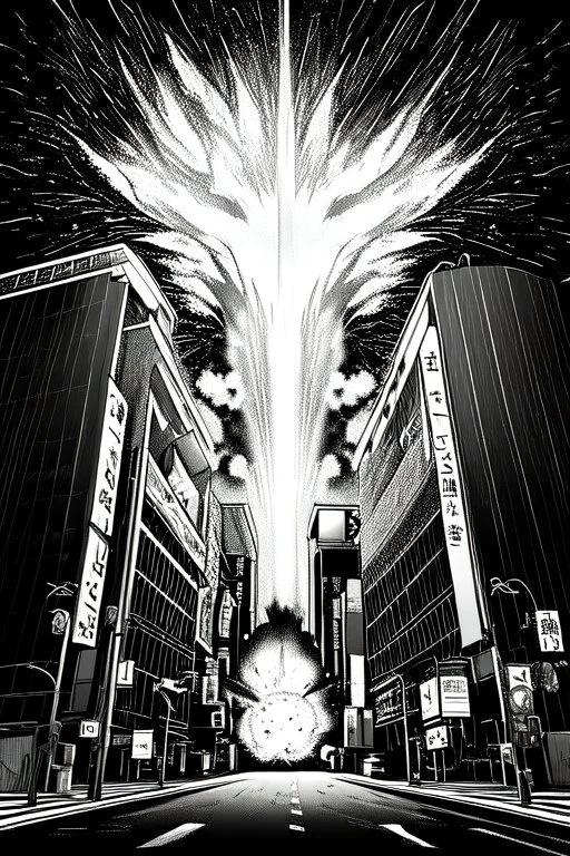 Explosion on the streets of Tokyo, greyscale