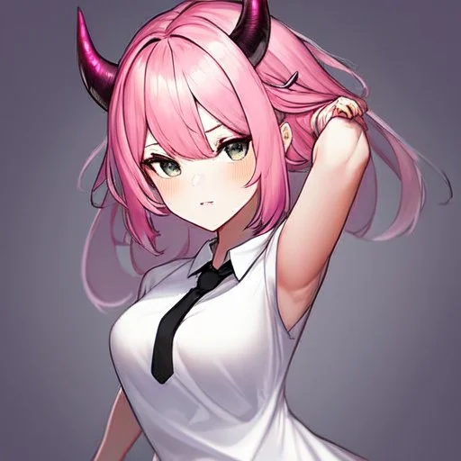 ROBLOX woman character pink hair with horns with white t-shirt and black tie