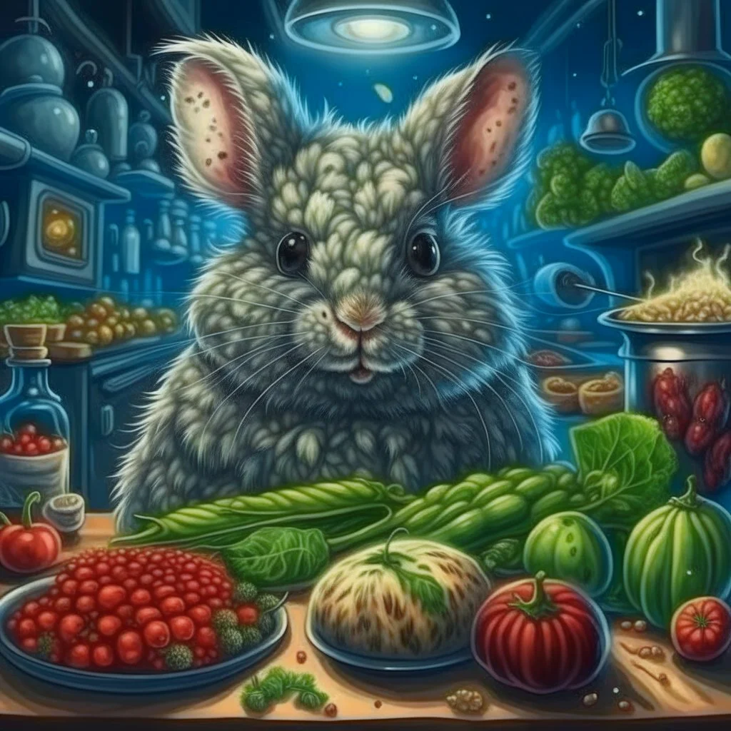 portrait of crazy scientist irradiating food inside grove with huge fluffy space chinchilla in the style of Escher, 4 k, down-light, soft light, depth of field, photo realism, trending on art station, high detail, spray paint