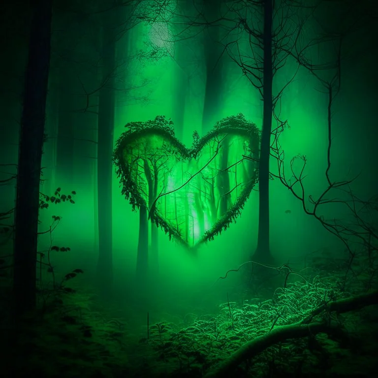 green fog in the forest at night with an electric heart