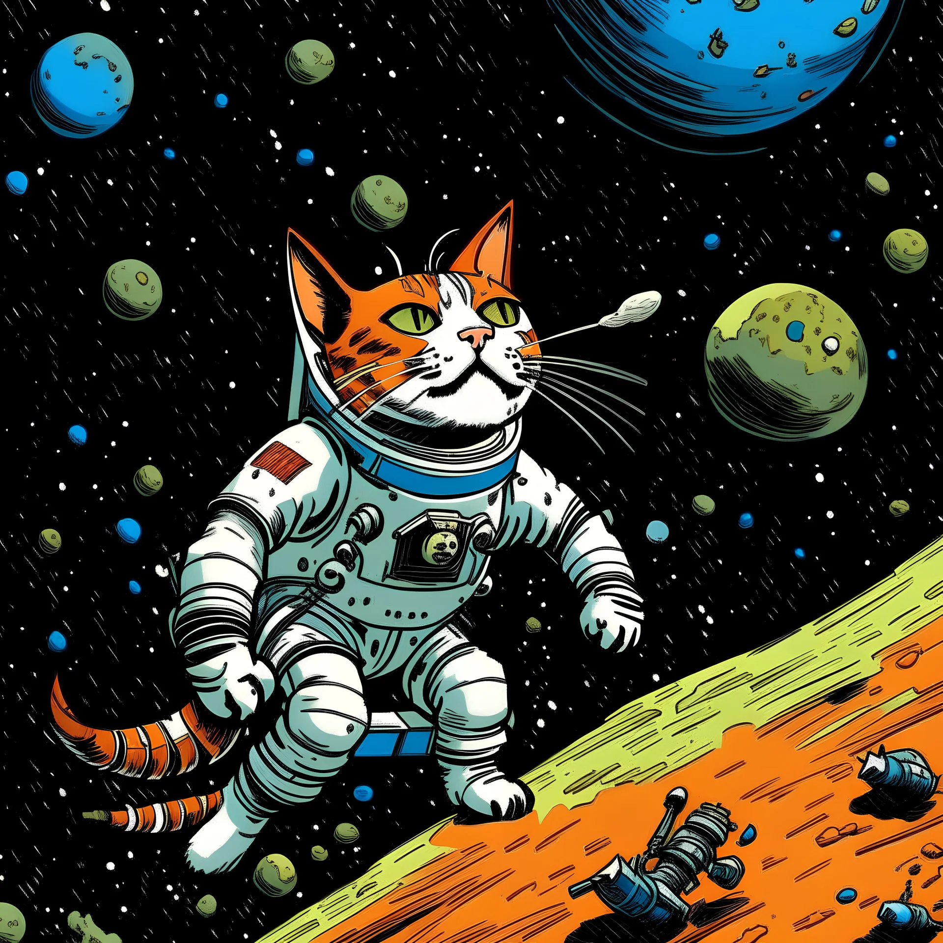 Space stars with rocket and cat astronaut animated, style of Neal Adams