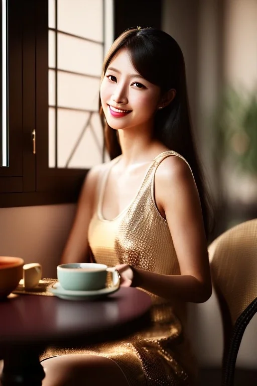 stunningly beautiful asian girl, sitting inside a cozy cafe