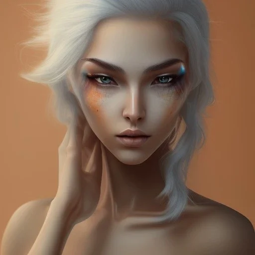 Fantasy setting, woman, two hues of hair, orange and white, more white hair