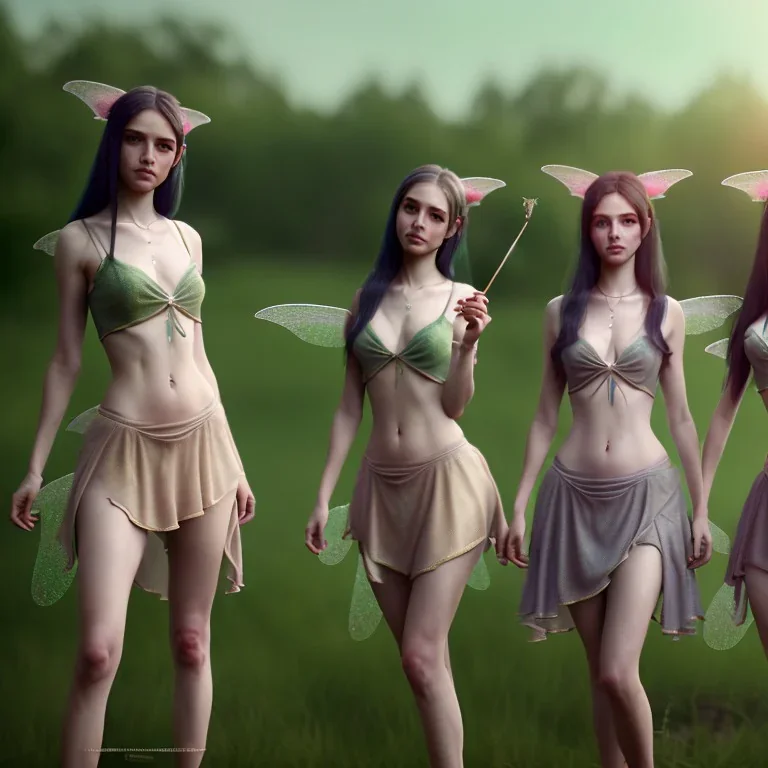 Middle Ages, three pretty girl fairies, green eyes, bottomless, see through