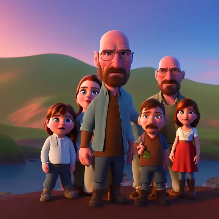 Walter White and his family, 8k, realistic face, with a fedora, sunset background,