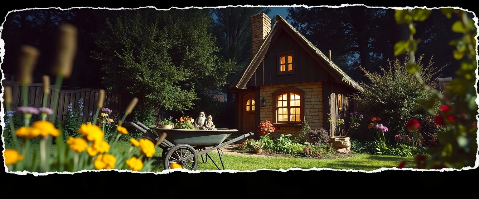 darkest gnome house in house in wheelbarrow in bright garden , pinhole cam, airbrush 3d rendering, in the style of John Atkinson Grimshaw , torn edges on border