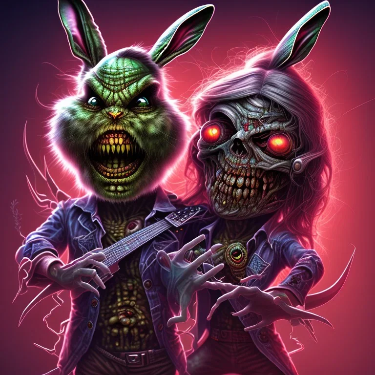 Bug bunny personnage cartoon style zombie iron maiden joue guitare,yeux rouges injecté sang 4k détail ultra Fibonacci