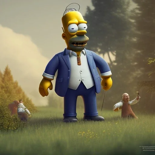 Full body, 3d render, homer simpson 1800's men style, 1800's hair style, 1800's men clothes style,riding horse, hyper realistic, octane render, unreal engine 5, 8k, palace background, uhd