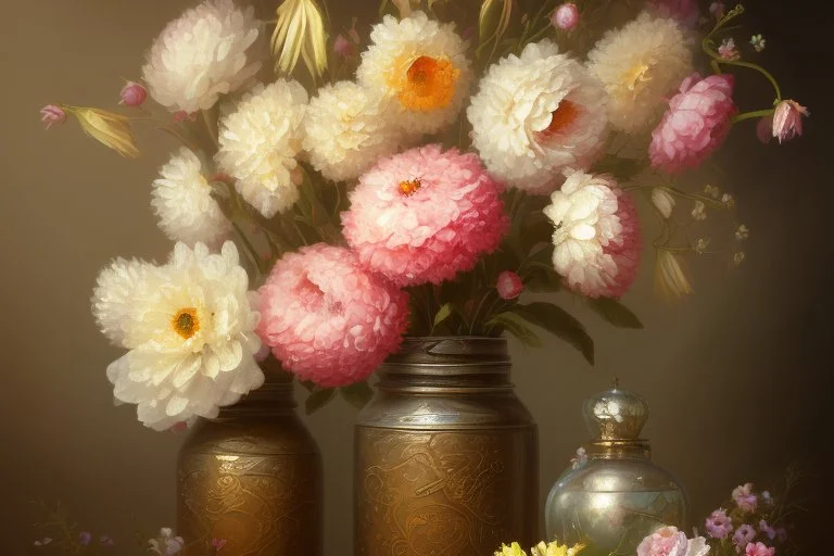 Oil painting of a spring flower bouquet in an antique jar. Jar should have vintage label on it. Background should be warm white with no distractions. in the style of oil painting, traditional art, behance, artstation.