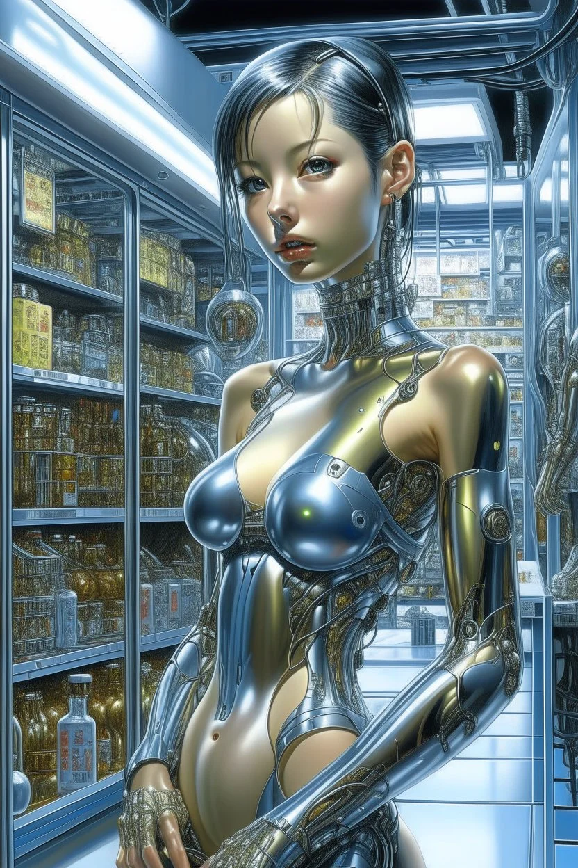 A digital photography portrait, by Hajime Sorayama, of a beautiful cyborg girl standing in a cyberpunk shopping.