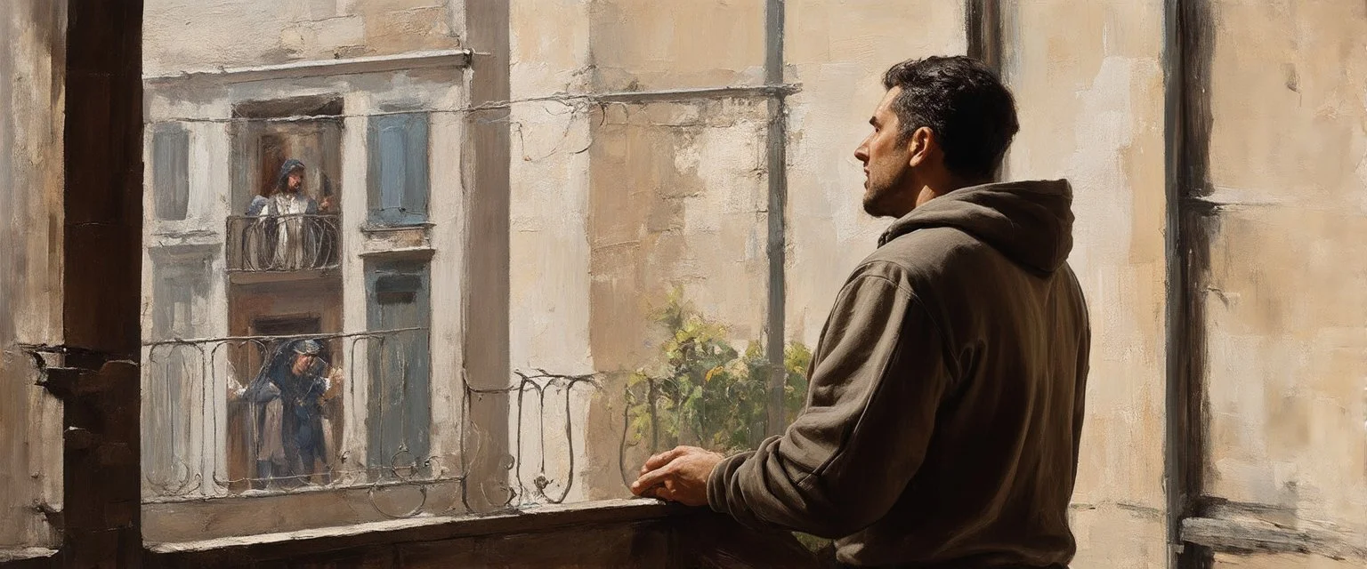 man in a hoodie is watching from the balcony painted by andrea del sarto