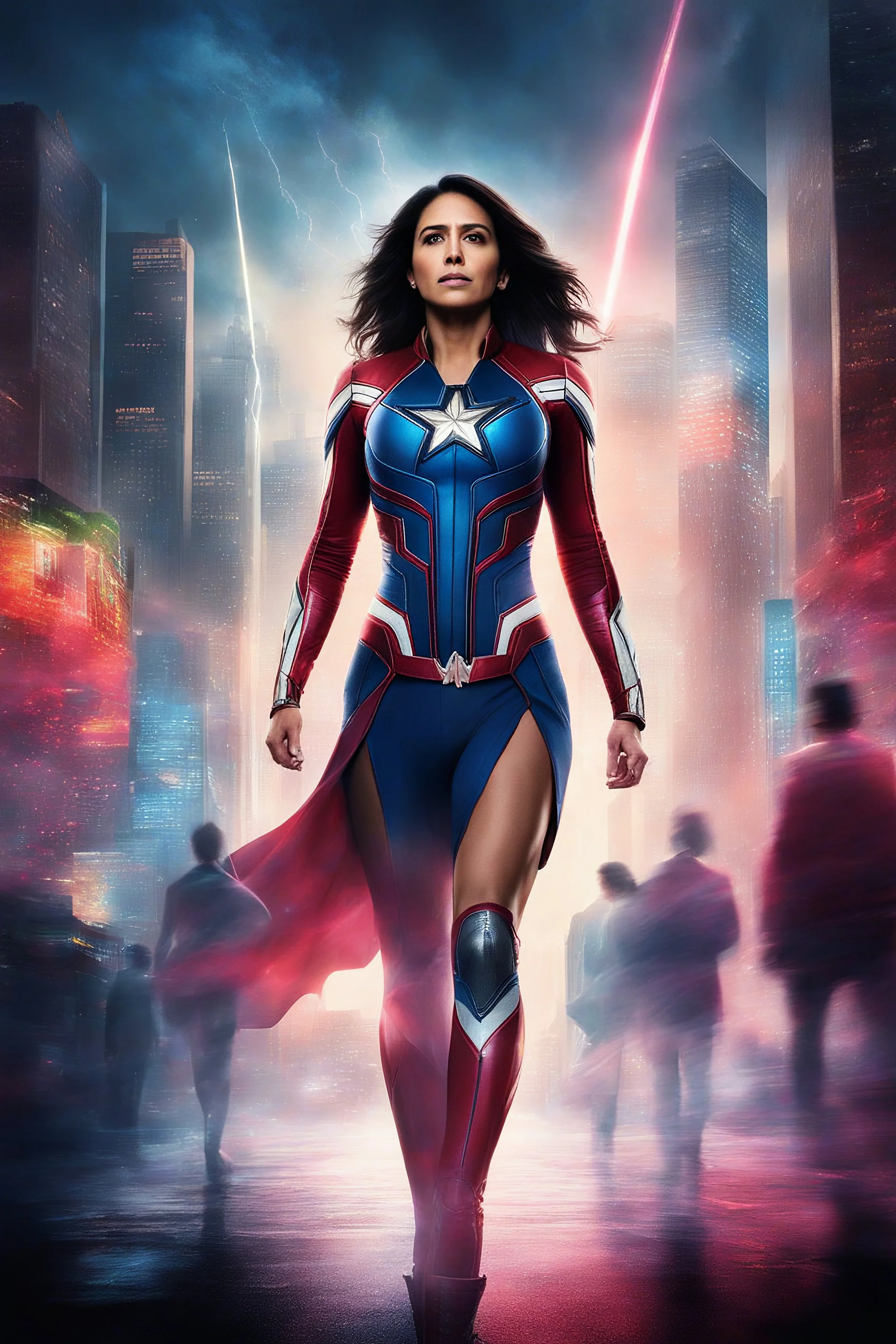 chiaroscuro, deep shadows, masterpiece, rich deep colors, highly detailed, movie poster - "MAGA MAN" starring Tulsi Gabbard as Lady Maga, Extremely Muscular, Skintight, formfitting, maroon and cobalt female suit with short skirt, Blue cape, Silver boots, multicolored Lightning, Multicolored vortex, neon lit futuristic cityscape, mist, fog