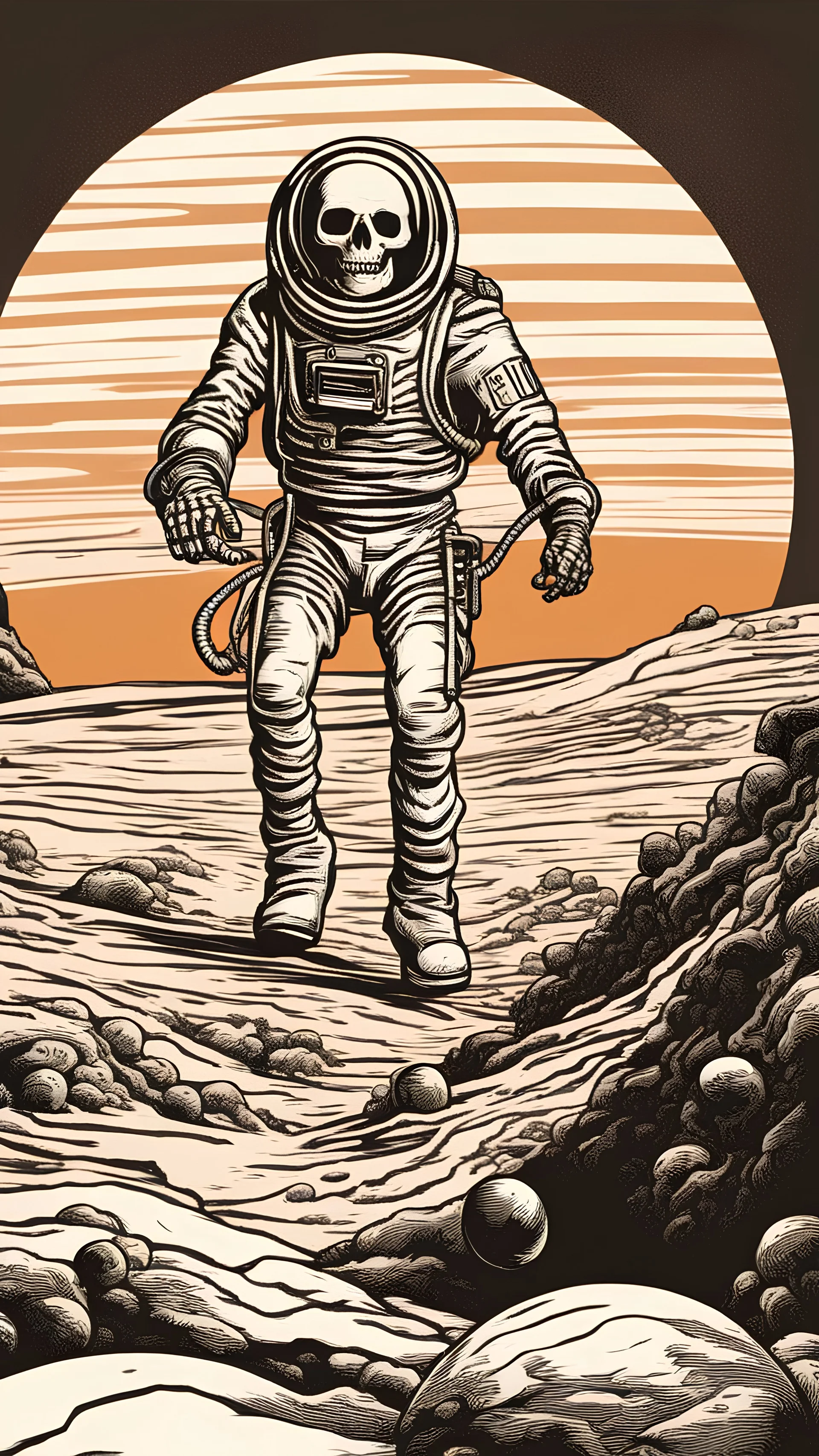 skeleton astronaut walking on an orange planet, retro comic, jack kirby style
