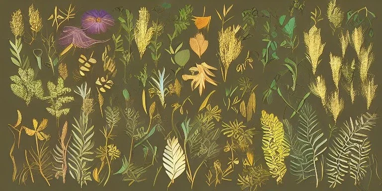 whimsical herbarium with fantasy plants, thin gold details, intricate digital painting