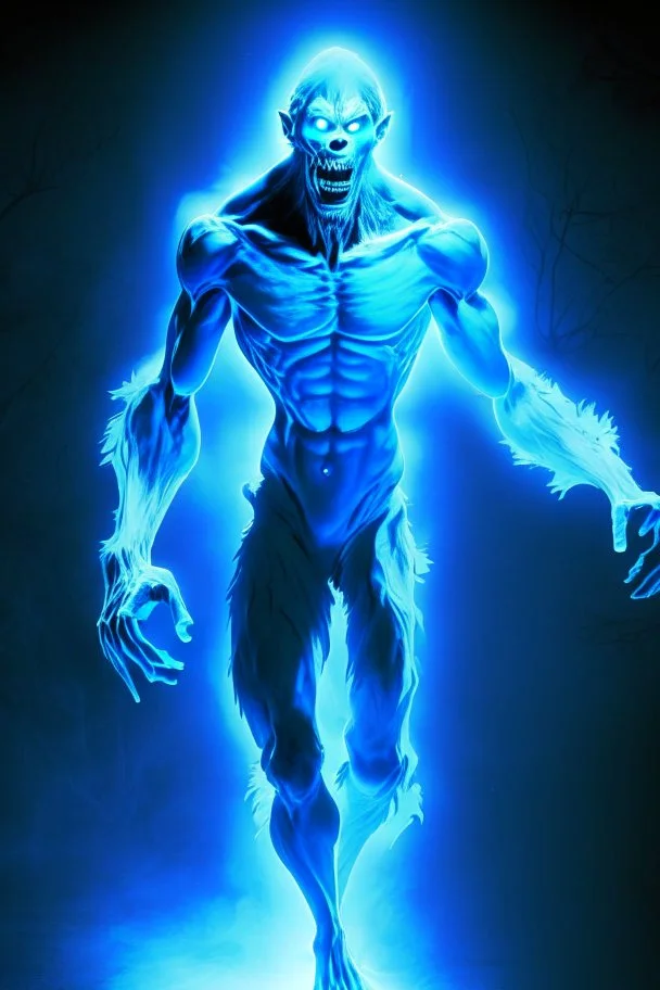 a very thin male glowing blue ghost werewolf